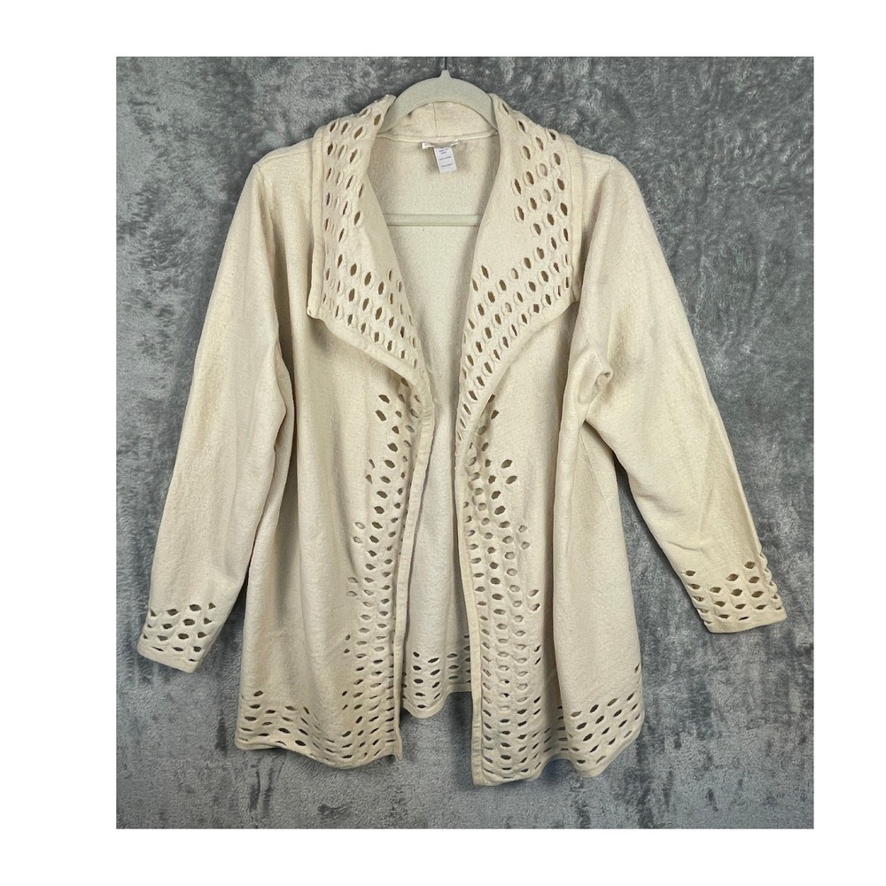 Chico's Cardigan Womens 2 Cream Good Wool Laser Cut Open Front Shawl Collar